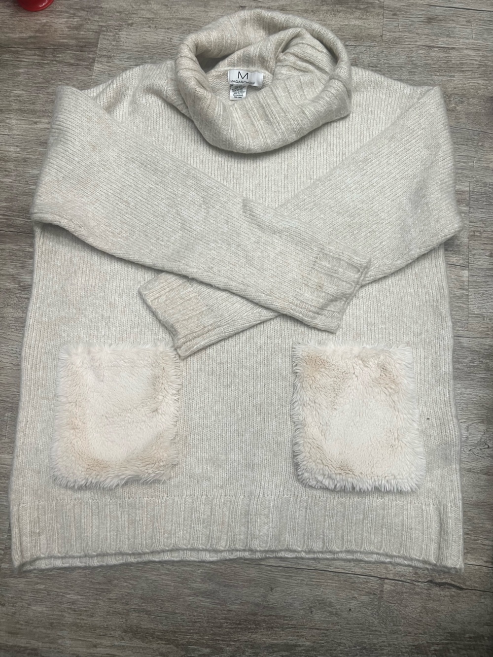 Magaschoni Cream Turtleneck Sweater with Plush Front Pockets